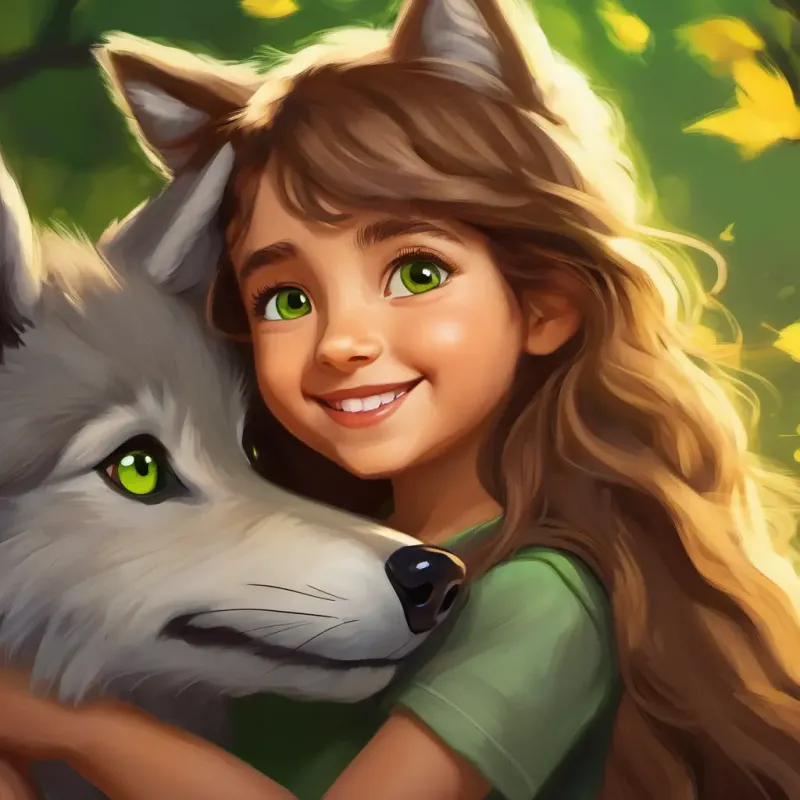 Wally: Small gray wolf pup, bright yellow eyes and Laila: Long brown hair, sparkling green eyes, kind smile become the best of friends and visit each other.