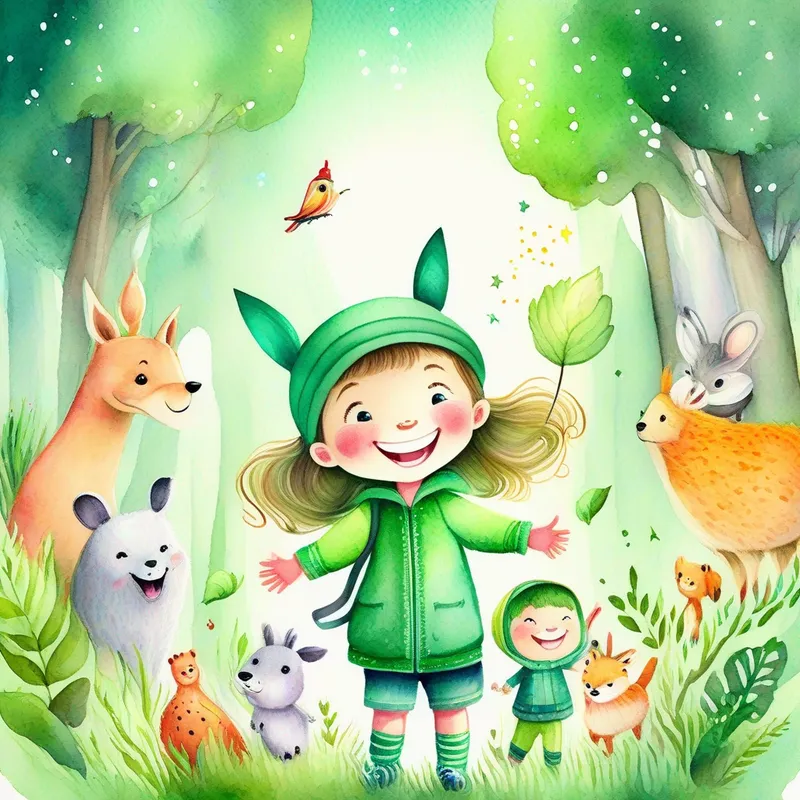 Child with magical powers, green clothing, happy smile in the forest with animal friends, colorful and happy