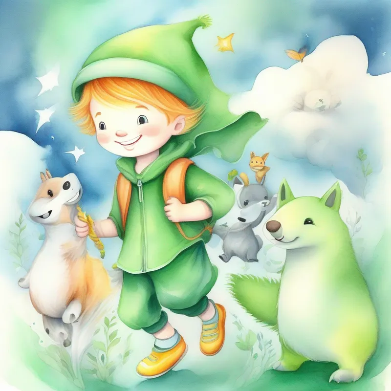 Child with magical powers, green clothing, happy smile and animal friends on a quest to defeat the dark cloud