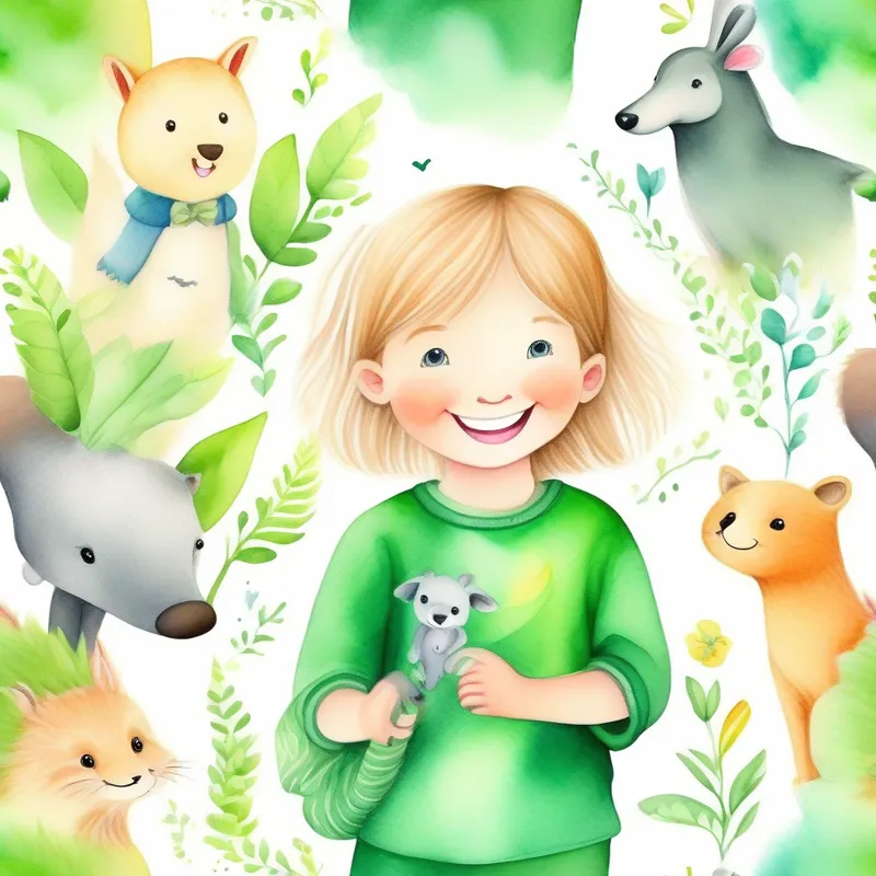 Child with magical powers, green clothing, happy smile and animal friends overcoming challenges, determination