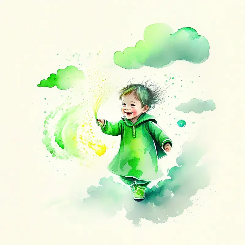 Child with magical powers, green clothing, happy smile using powers to banish the dark cloud, sunny skies