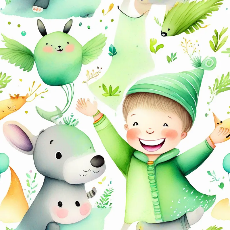 Child with magical powers, green clothing, happy smile celebrating with animal friends, joyful and peaceful
