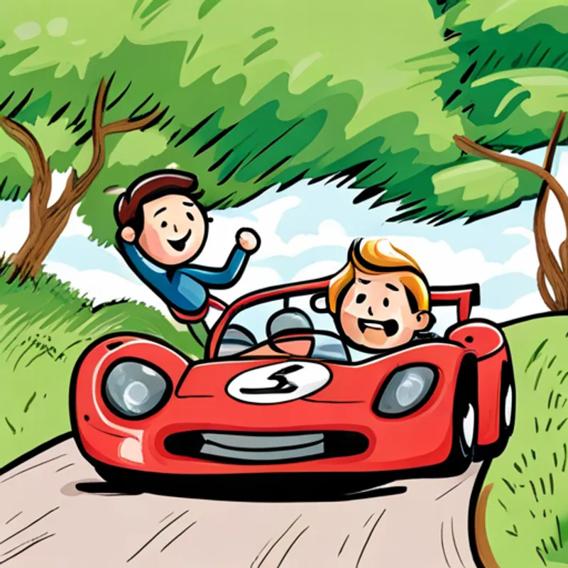 Andrew and Ian racing their car, winning the race