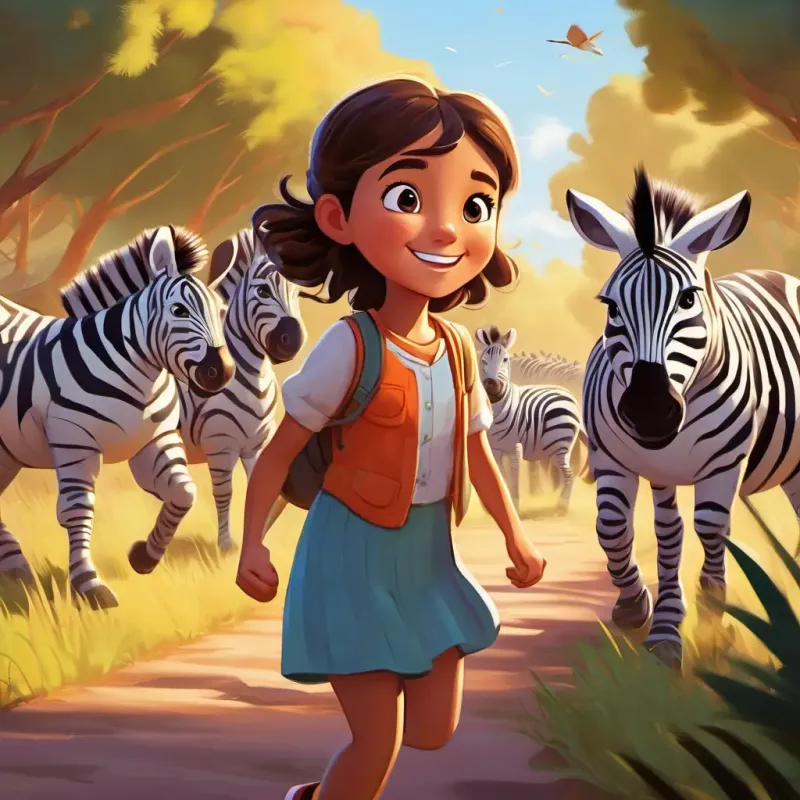 Young girl with curious brown eyes and a bright smile watches zebras running.