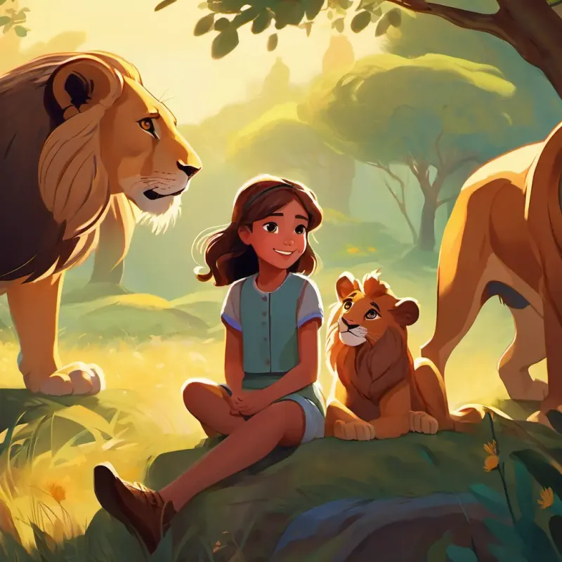 Young girl with curious brown eyes and a bright smile observes the resting lions.