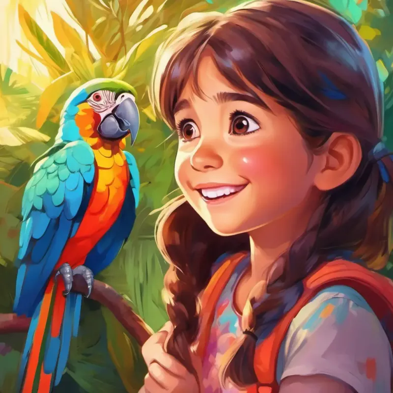 Young girl with curious brown eyes and a bright smile hears and sees the colorful parrots.
