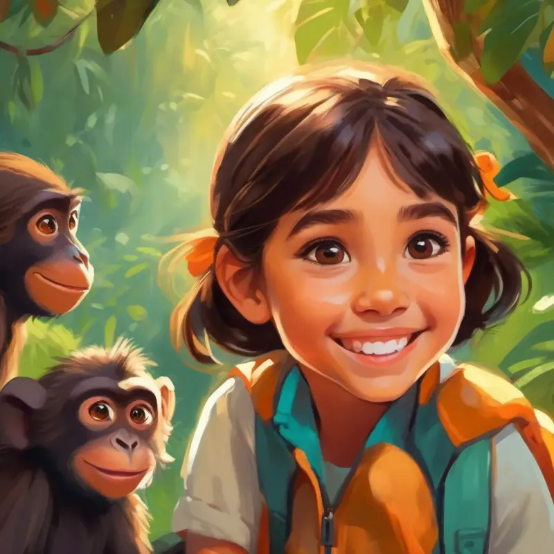 Young girl with curious brown eyes and a bright smile watches monkeys playing.
