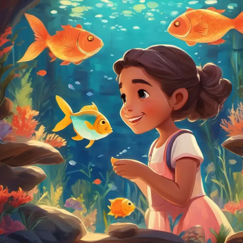 Young girl with curious brown eyes and a bright smile looks at fish in the aquarium.