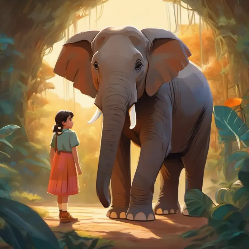 Young girl with curious brown eyes and a bright smile concerned about a lonely elephant.