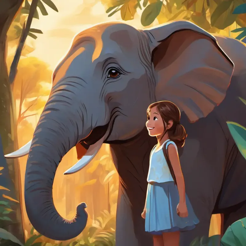 Young girl with curious brown eyes and a bright smile realizes the elephant is cared for.