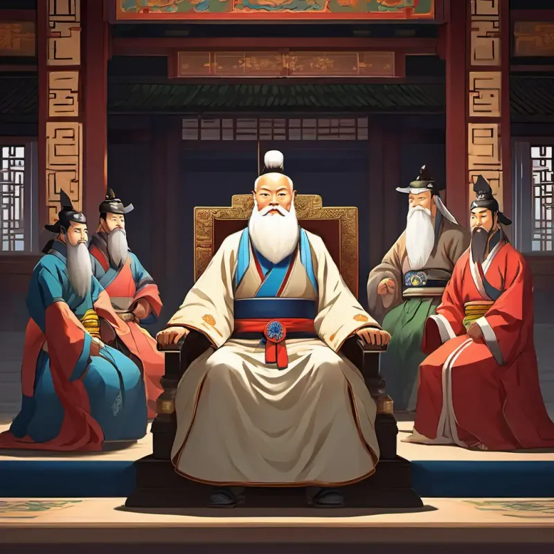 The story begins in the royal palace of Joseon, with A wise and kind king with a long white beard, wearing a royal robe sitting on his throne, surrounded by his advisors and scholars.