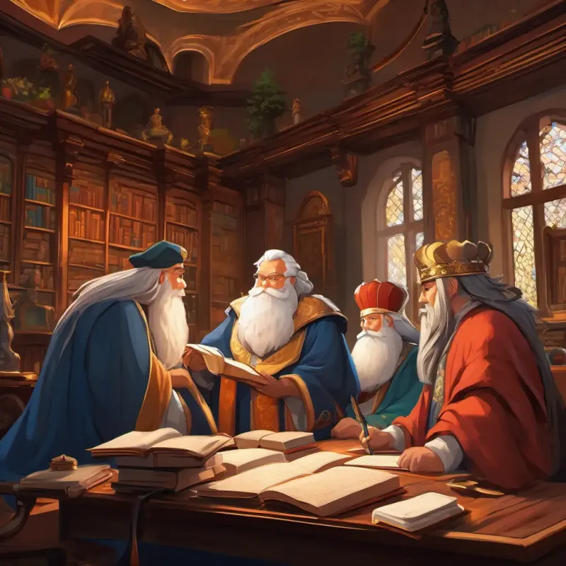 The scene takes place in a grand study room, filled with books and scrolls. A wise and kind king with a long white beard, wearing a royal robe and his scholars are sitting around a large table, writing and discussing.