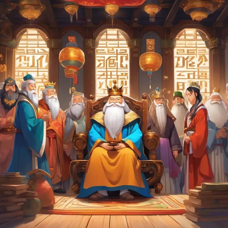The scene shows A wise and kind king with a long white beard, wearing a royal robe and his scholars proudly presenting the newly created Hangeul alphabet. The room is filled with excitement and celebration.