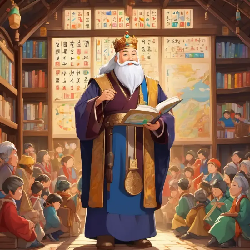 The scene depicts A wise and kind king with a long white beard, wearing a royal robe visiting a school where children are happily learning Hangeul. The walls are adorned with colorful charts and posters displaying the alphabet.