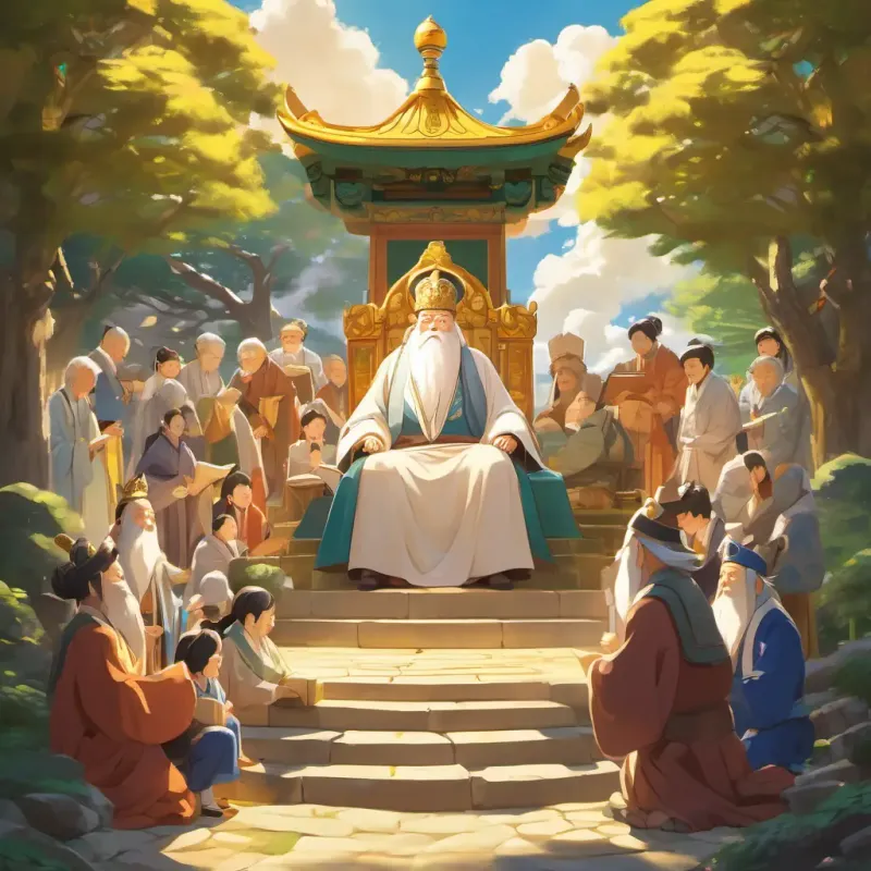 The final scene shows a statue of A wise and kind king with a long white beard, wearing a royal robe, surrounded by people of all ages happily reading and writing in Hangeul. The sun is shining brightly, symbolizing the prosperity and enlightenment brought by the new writing system.