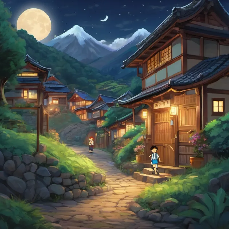 Once upon a time in a tiny little village nestled within the mountains of Japan, lived an adventurous young boy named Akio. Every night before going to bed, Akio would imagine grand adventures and exciting quests in his dreams. But little did he know, one magical night, these dreams would become a reality. It was a night like no other - the moon shone brightly, casting a silvery glow over the entire village. Akio, feeling restless, couldn't resist the temptation to explore outside. He quietly slipped out of his house, tiptoeing down the narrow streets.