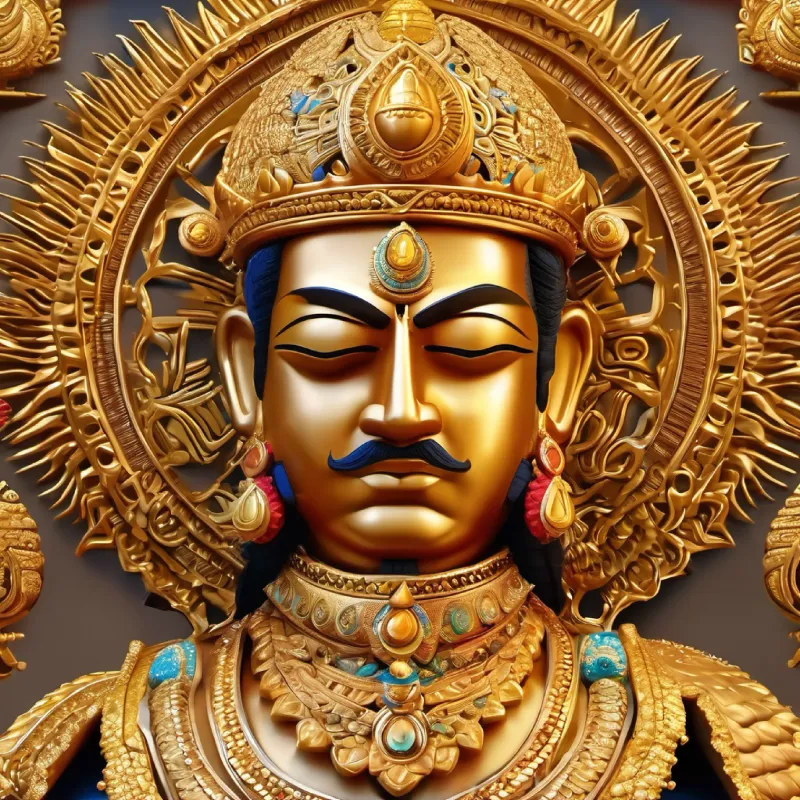 "Create an image of King Mahabali, adorned in intricate golden armor that shines with the brilliance of a thousand suns. His helmet, also gold, is embellished with precious stones, and a large, majestic plume rises from it.