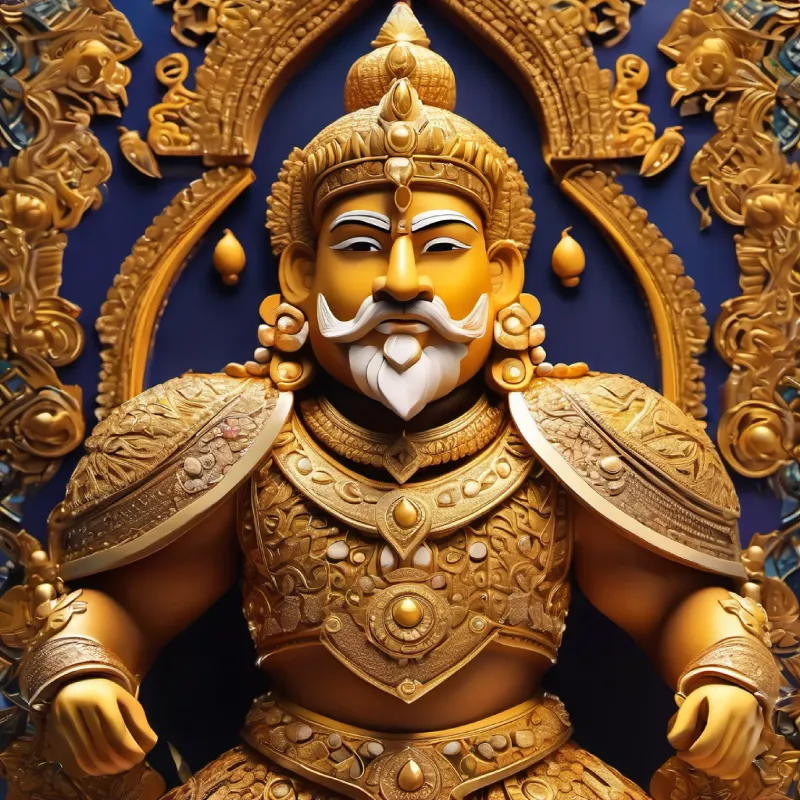 "Create an image of King Mahabali, adorned in intricate golden armor that shines with the brilliance of a thousand suns. His helmet, also gold, is embellished with precious stones, and a large, majestic plume rises from it.
