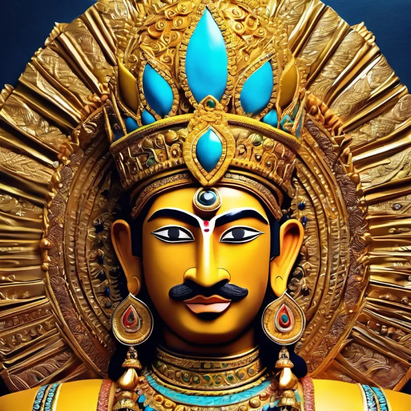 "Create an image of King Mahabali, adorned in intricate golden armor that shines with the brilliance of a thousand suns. His helmet, also gold, is embellished with precious stones, and a large, majestic plume rises from it.