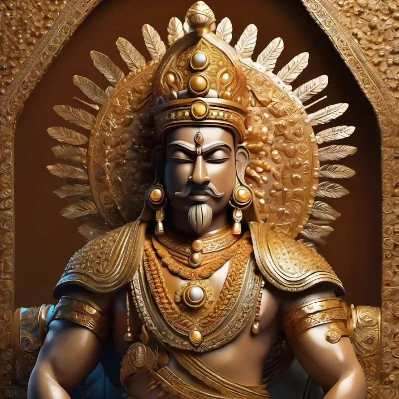 "Create an image of King Mahabali, adorned in intricate golden armor that shines with the brilliance of a thousand suns. His helmet, also gold, is embellished with precious stones, and a large, majestic plume rises from it.
