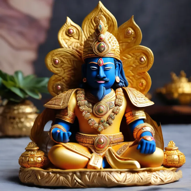 "Create an image of King Mahabali, adorned in intricate golden armor that shines with the brilliance of a thousand suns. His helmet, also gold, is embellished with precious stones, and a large, majestic plume rises from it.