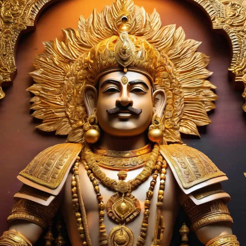 "Create an image of King Mahabali, adorned in intricate golden armor that shines with the brilliance of a thousand suns. His helmet, also gold, is embellished with precious stones, and a large, majestic plume rises from it.