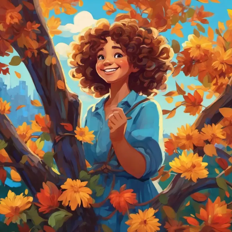 Girl with a big smile, curly hair, and bright blue eyes discovers wilting flowers on the tree.