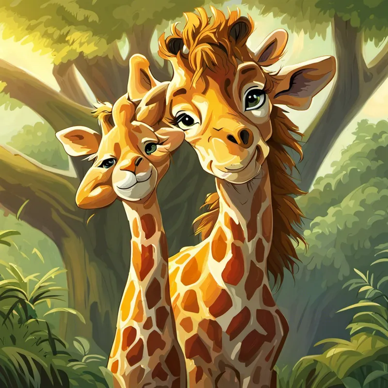 Golden lion with a majestic mane, always smiling and Tall necked giraffe with a friendly smile playing with trees and grass