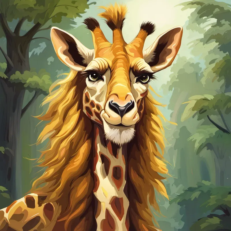 Golden lion with a majestic mane, always smiling roaring with surprise, Tall necked giraffe with a friendly smile looks frightened