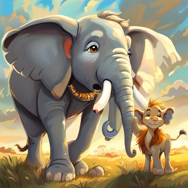 Big gray elephant with kind eyes and floppy ears reassures Golden lion with a majestic mane, always smiling and Tall necked giraffe with a friendly smile with a friendly trumpet