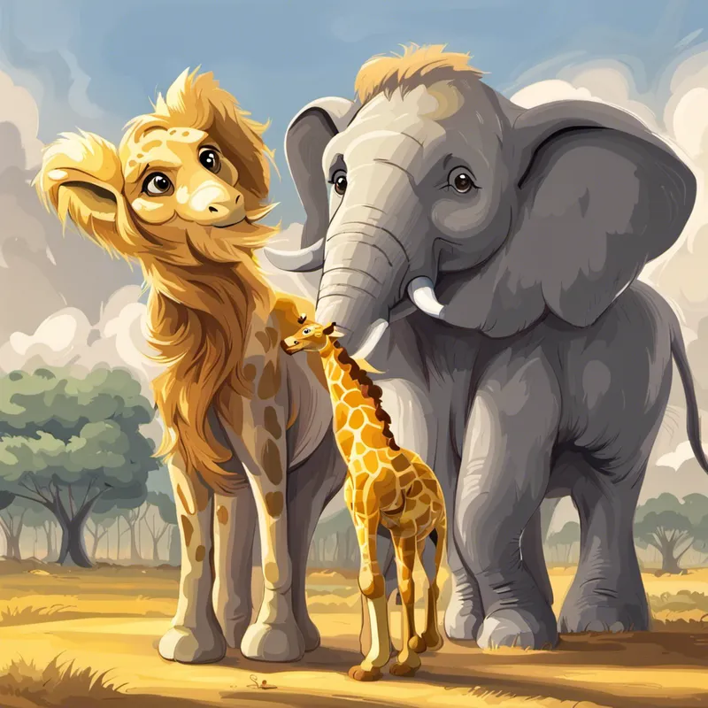Golden lion with a majestic mane, always smiling, Tall necked giraffe with a friendly smile, and Big gray elephant with kind eyes and floppy ears happily playing together