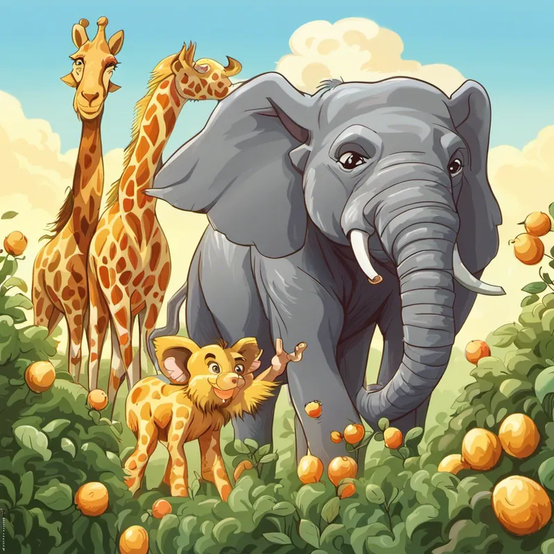 Golden lion with a majestic mane, always smiling, Tall necked giraffe with a friendly smile, and Big gray elephant with kind eyes and floppy ears picking berries from a bush