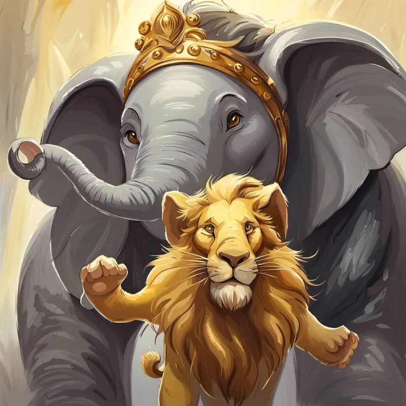 Golden lion with a majestic mane, always smiling lifting Big gray elephant with kind eyes and floppy ears with his strong arms