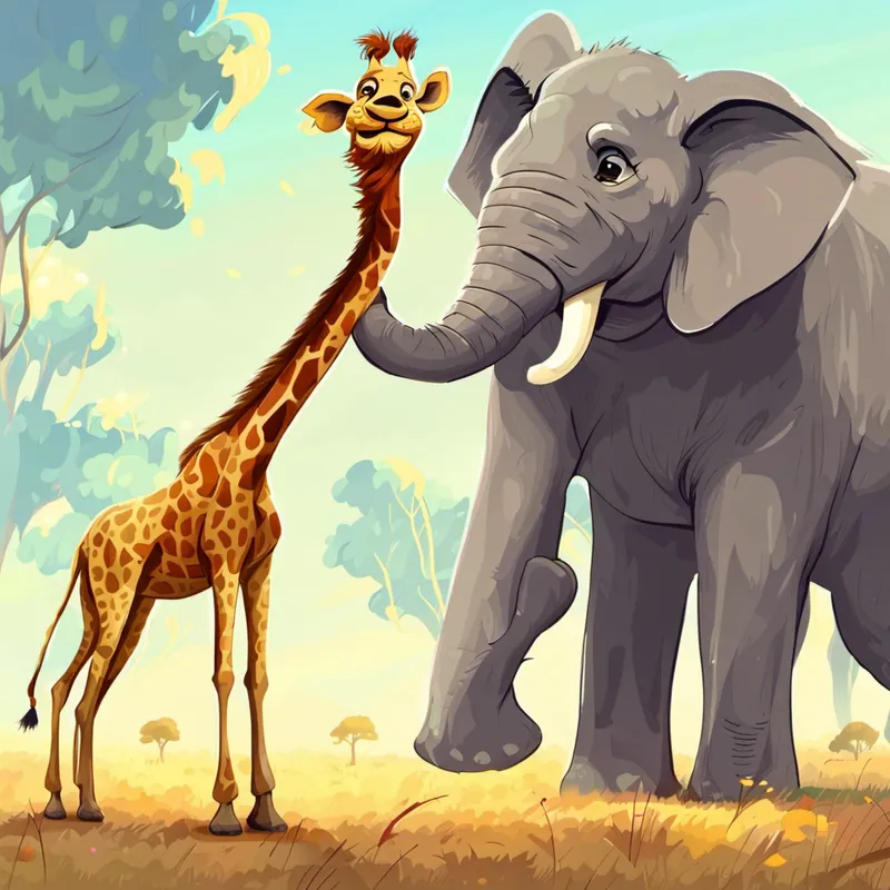 Tall necked giraffe with a friendly smile dancing funny, Golden lion with a majestic mane, always smiling and Big gray elephant with kind eyes and floppy ears laughing