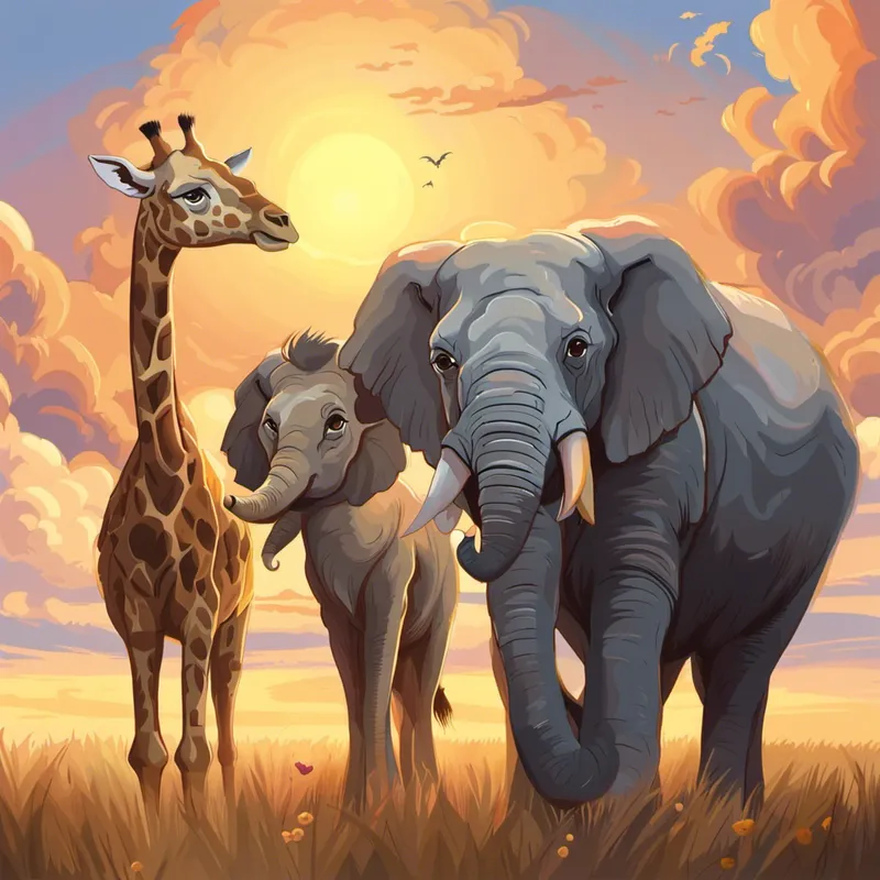 Golden lion with a majestic mane, always smiling, Tall necked giraffe with a friendly smile, and Big gray elephant with kind eyes and floppy ears playing under a beautiful sunset