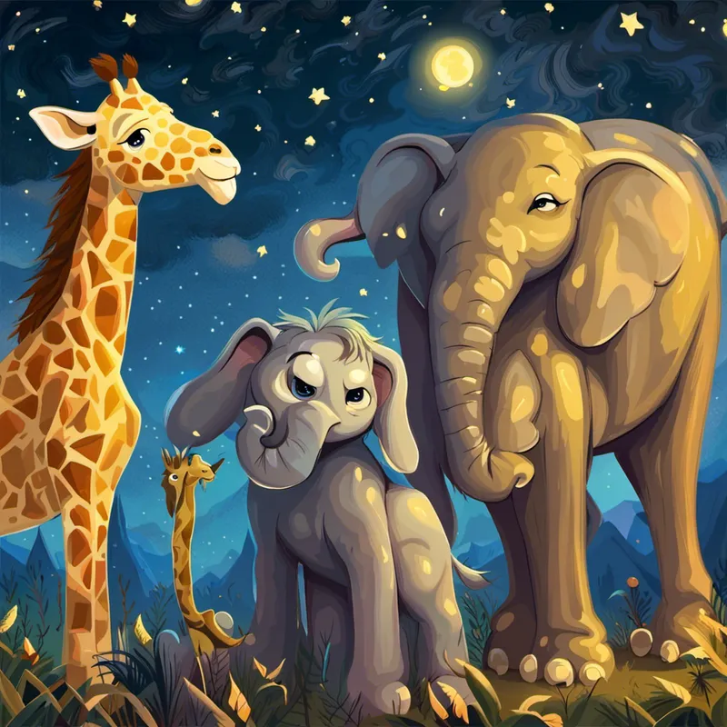 Golden lion with a majestic mane, always smiling, Tall necked giraffe with a friendly smile, and Big gray elephant with kind eyes and floppy ears sleeping under the stars
