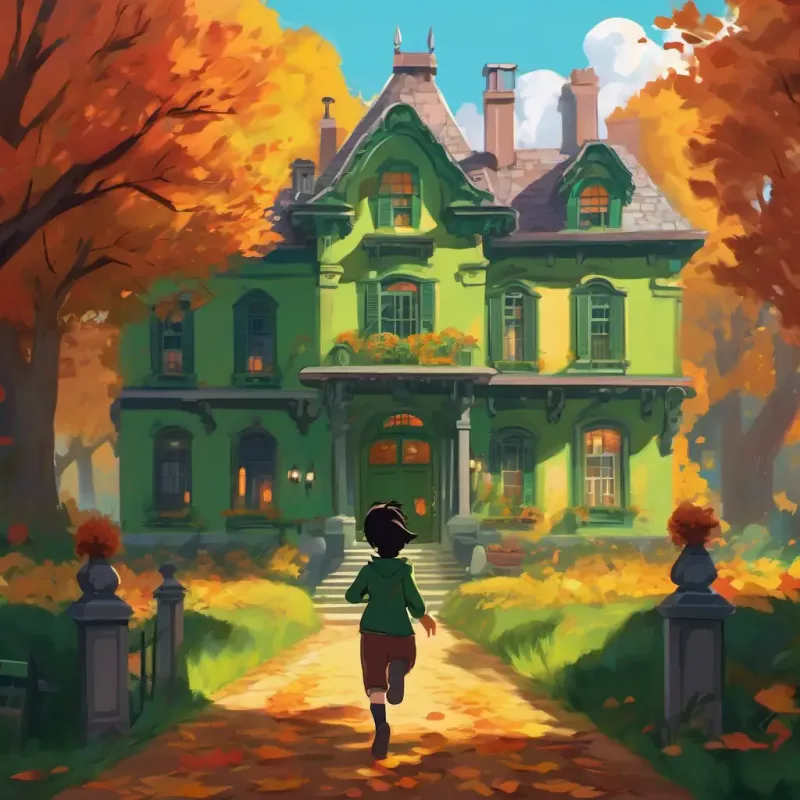 The friends reach the mansion, Short dark hair, green eyes, and a mischievous grin gets scared and runs out, and a scary monster appears.