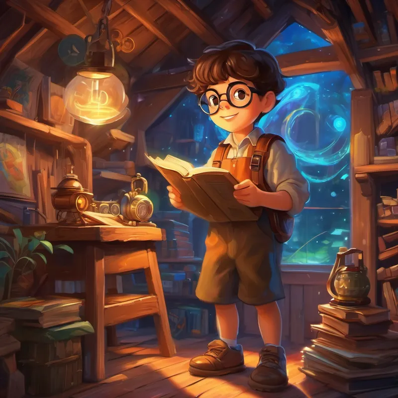 Curious kid with brown hair and glasses, always eager to learn finds the magical hologram machine in his attic