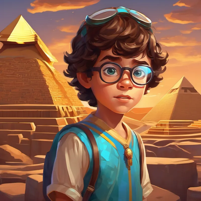 Curious kid with brown hair and glasses, always eager to learn sees a hologram of ancient Egypt