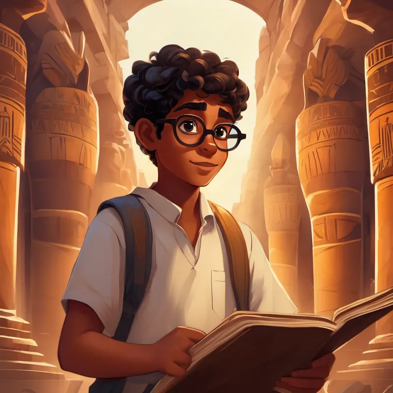 Curious kid with brown hair and glasses, always eager to learn meets Worker in ancient Egypt with dark skin, black hair, and brown eyes, a kind worker in ancient Egypt