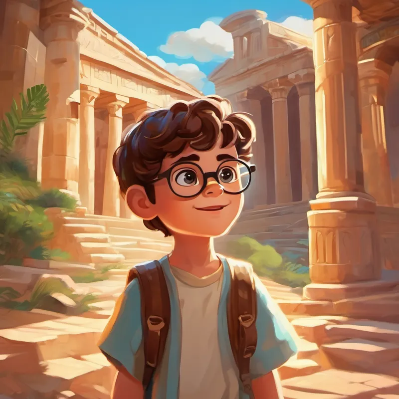 Curious kid with brown hair and glasses, always eager to learn explores ancient Greece through a hologram