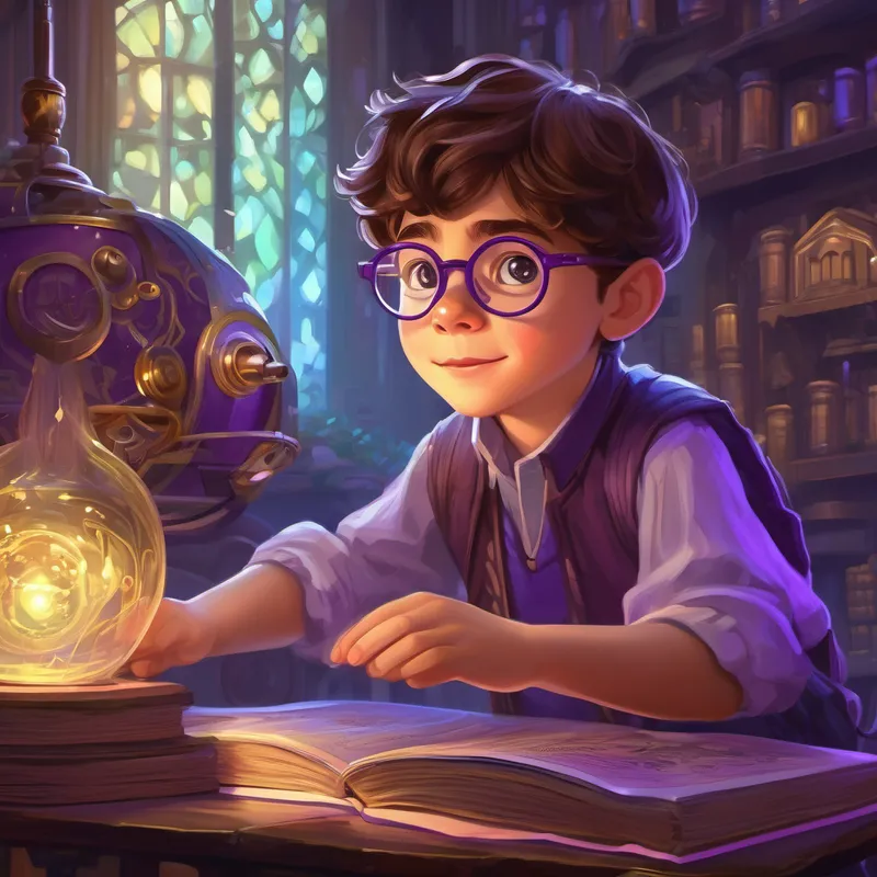 Curious kid with brown hair and glasses, always eager to learn continues his adventures with A magical hologram machine with a purple and silver design, exploring different historical events