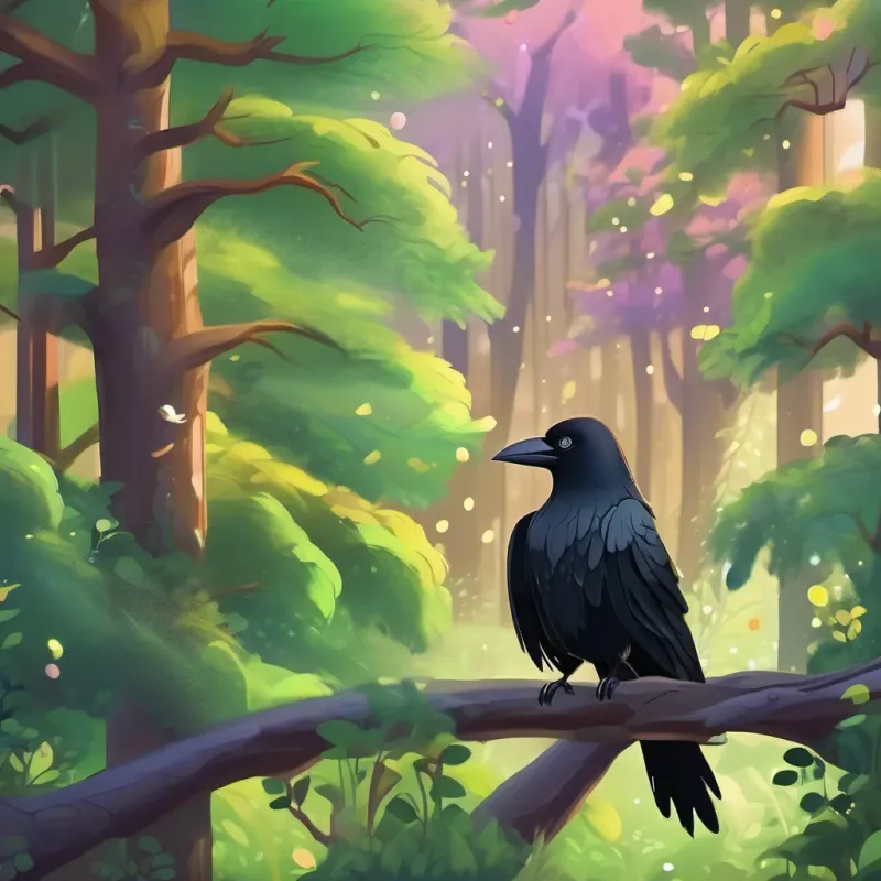 A whimsical forest with lush green trees and a clever crow named Clever crow with black feathers and sparkling eyes, full of personality and wit, with black feathers and sparkling eyes.