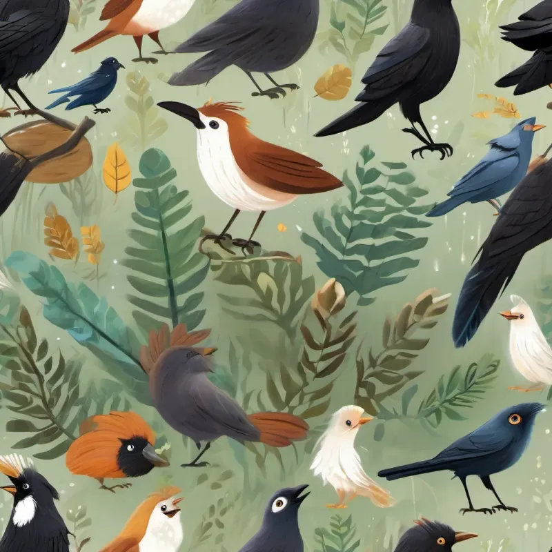 A whimsical illustration of various forest animals listening and being inspired by the moral of Clever crow with black feathers and sparkling eyes, full of personality and wit's story, with a playful and encouraging vibe.