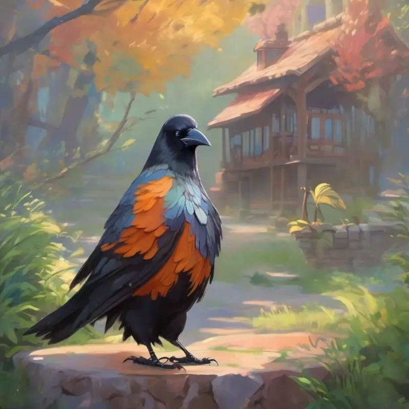 The pitcher with very little water at the bottom, Clever crow with black feathers and sparkling eyes, full of personality and wit the crow peering inside, looking worried and puzzled.