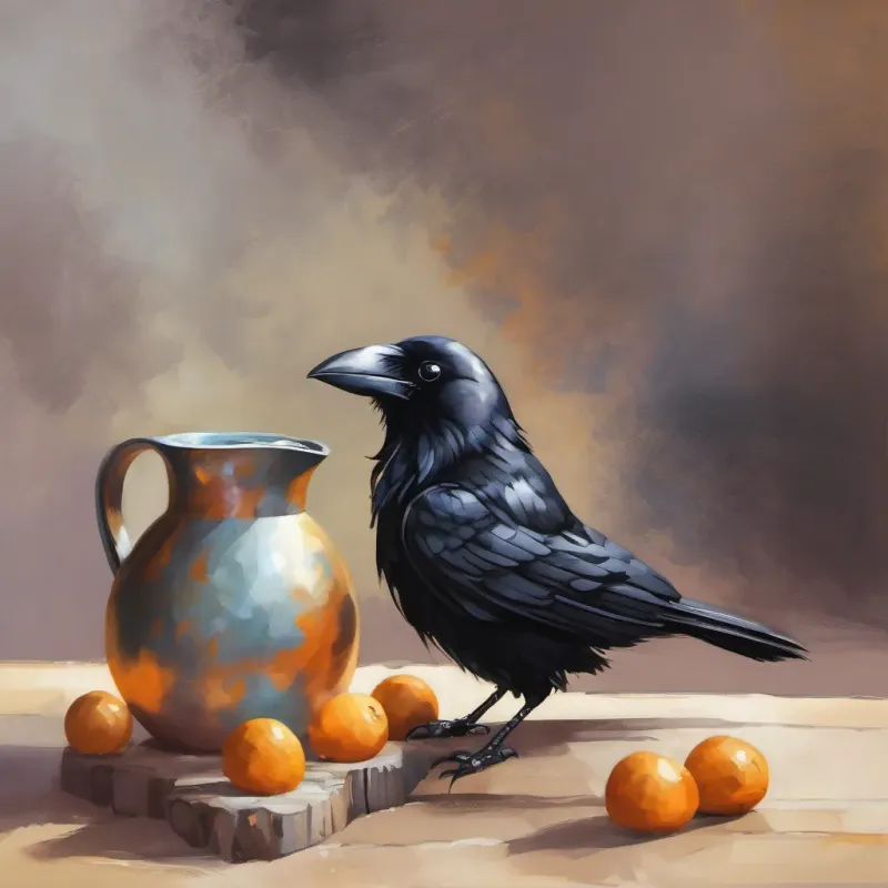 Clever crow with black feathers and sparkling eyes, full of personality and wit the crow sitting near the pitcher, with a thoughtful expression that turns into a sly smile, feeling clever.