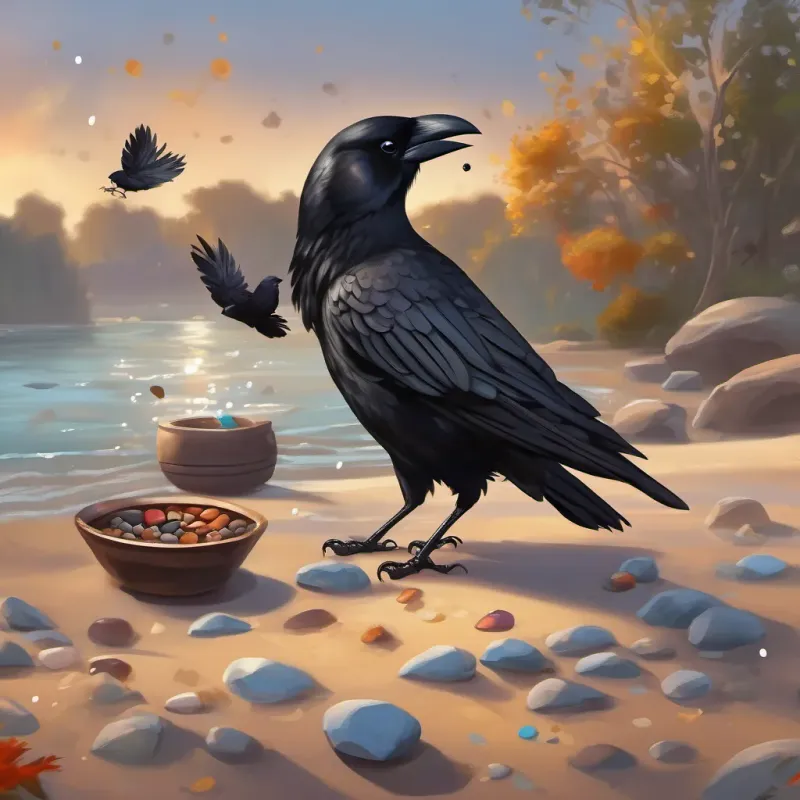 Clever crow with black feathers and sparkling eyes, full of personality and wit the crow picking up small, smooth pebbles and dropping them into the pitcher one by one, causing little splashes.