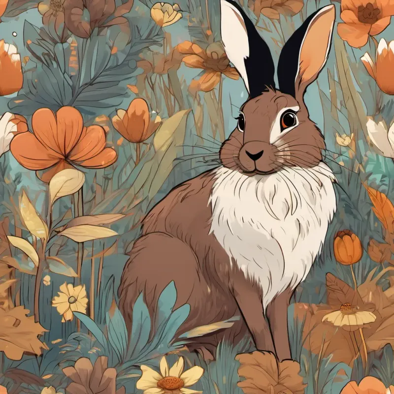 Curious hare with cocoa-brown fur and a friendly stare, full of admiration for Cawleen the hare listening intently as Clever crow with black feathers and sparkling eyes, full of personality and wit the crow explains how she got the water, both animals appearing friendly.