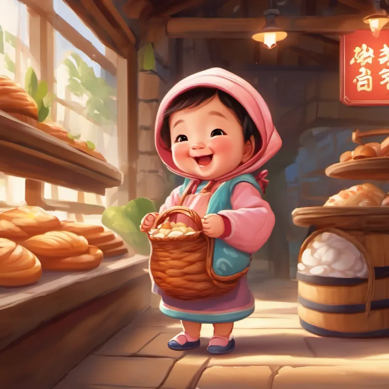 Baby girl, big smile, wearing a snug mei tai arrives at the bakery, it smells delicious.