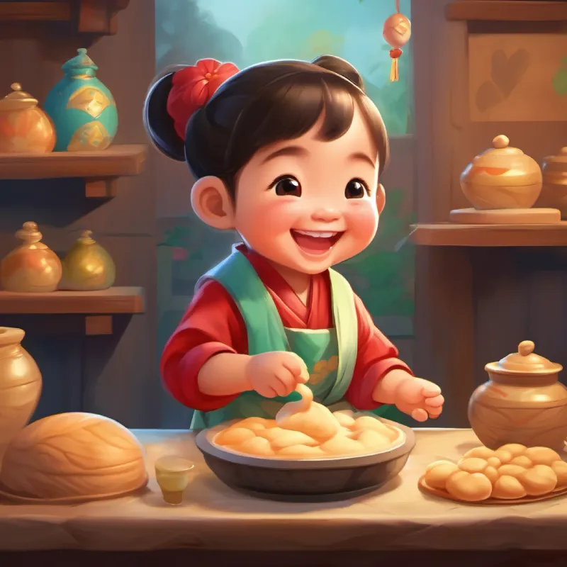 Baby girl, big smile, wearing a snug mei tai meets customers, plays with dough.
